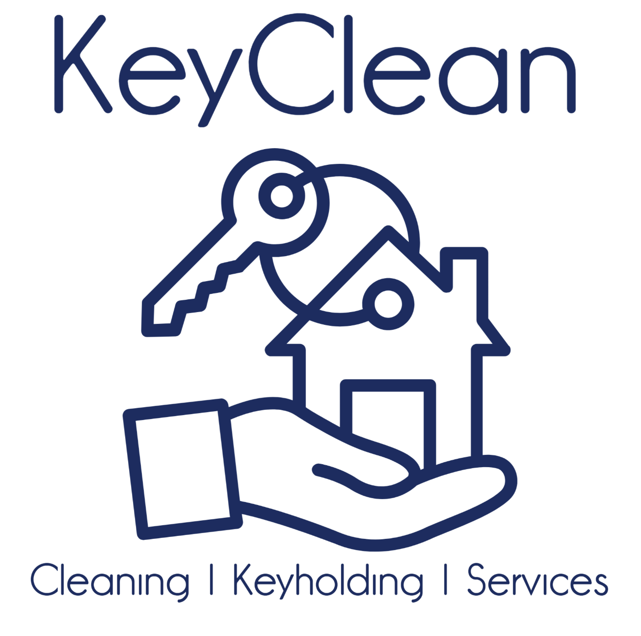 Logotyp-för-KeyClean-med-en-hand-som-håller-ett-hus-med-en-nyckel-under.